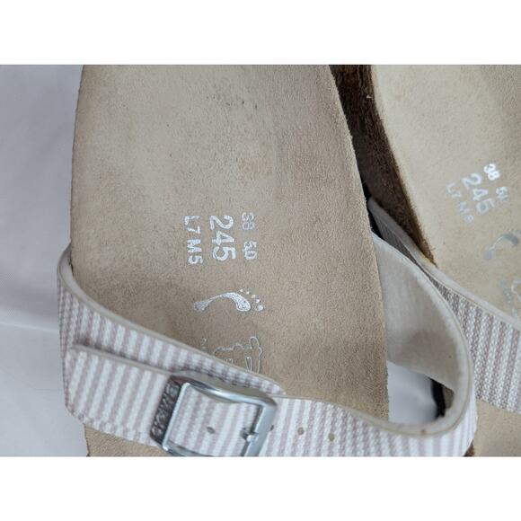 Birkenstock Birki's Aziza Sandal White and Gray Stripe Two Strap Buckle 7 EU 38 - Picture 3 of 8